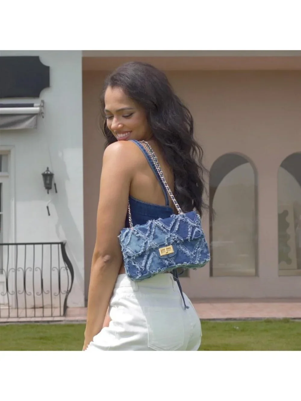 Small Quilted Denim Shoulder Bag with Chain Strap - Stylish Clutch Purse for